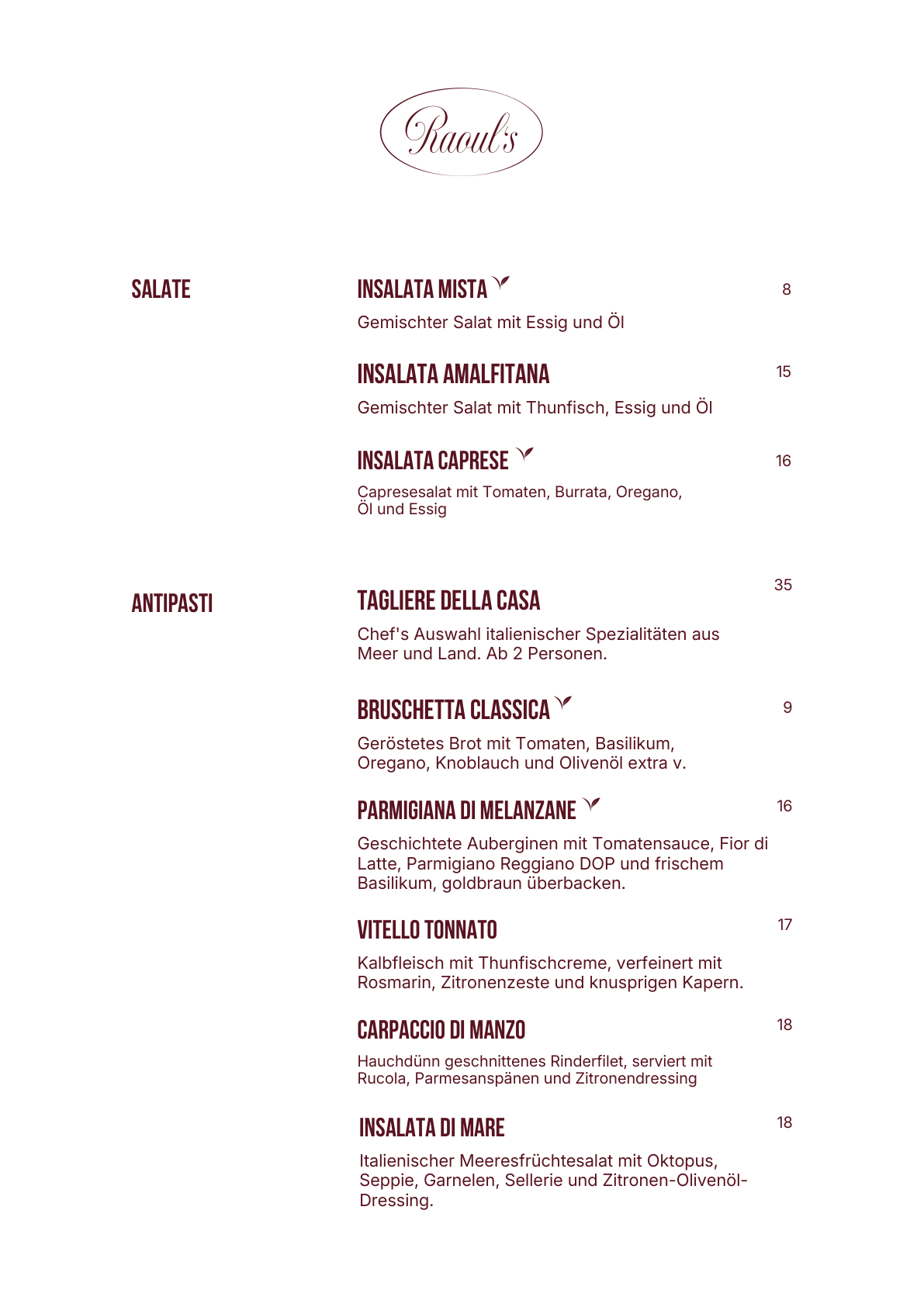 Antipasti — Raoul's Speisekarte