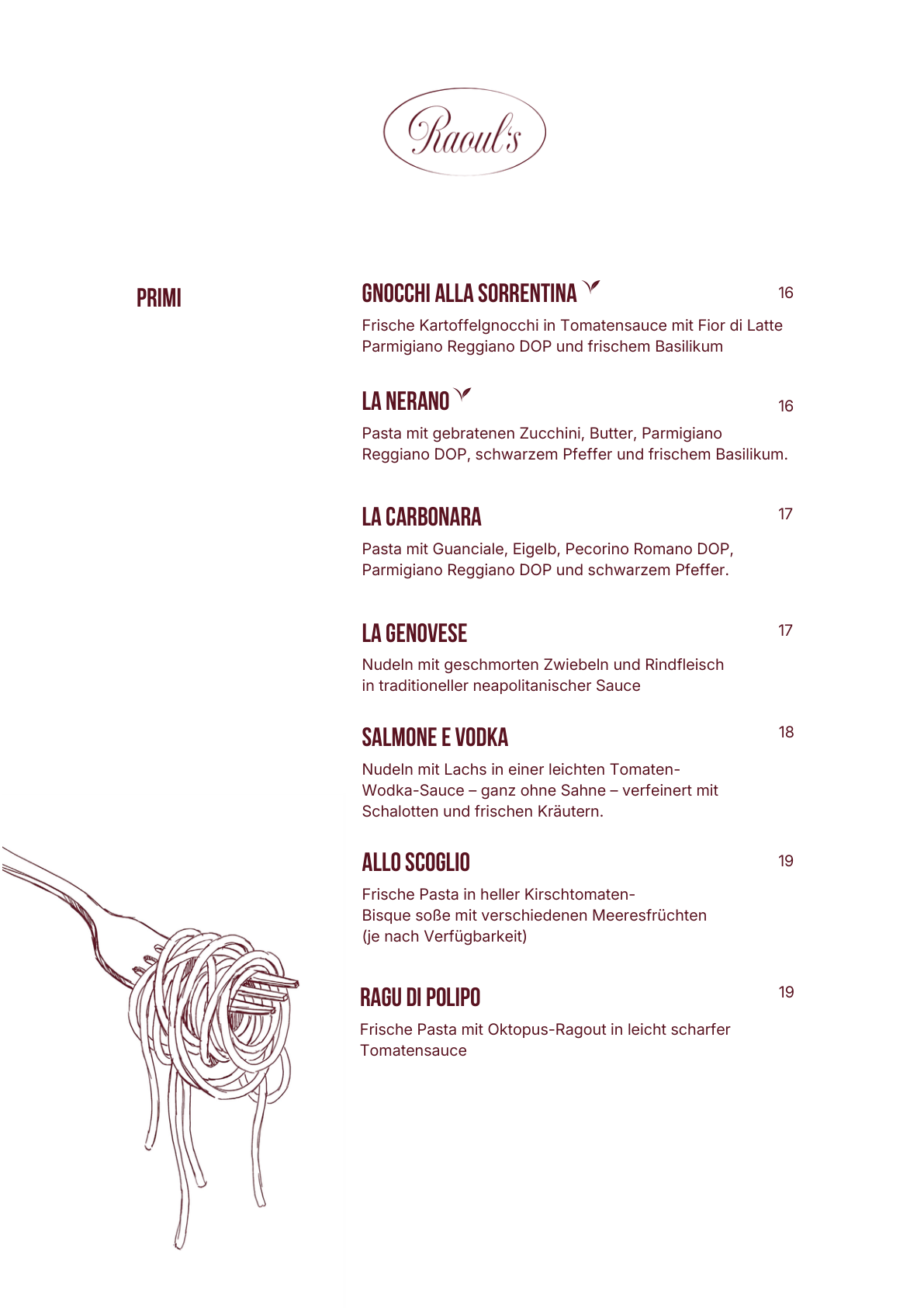 Paste — Raoul's Speisekarte