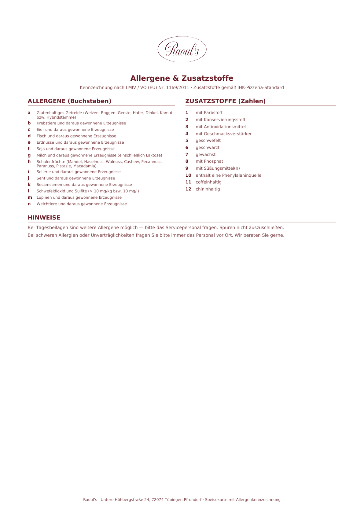 Allergene — Raoul's Speisekarte
