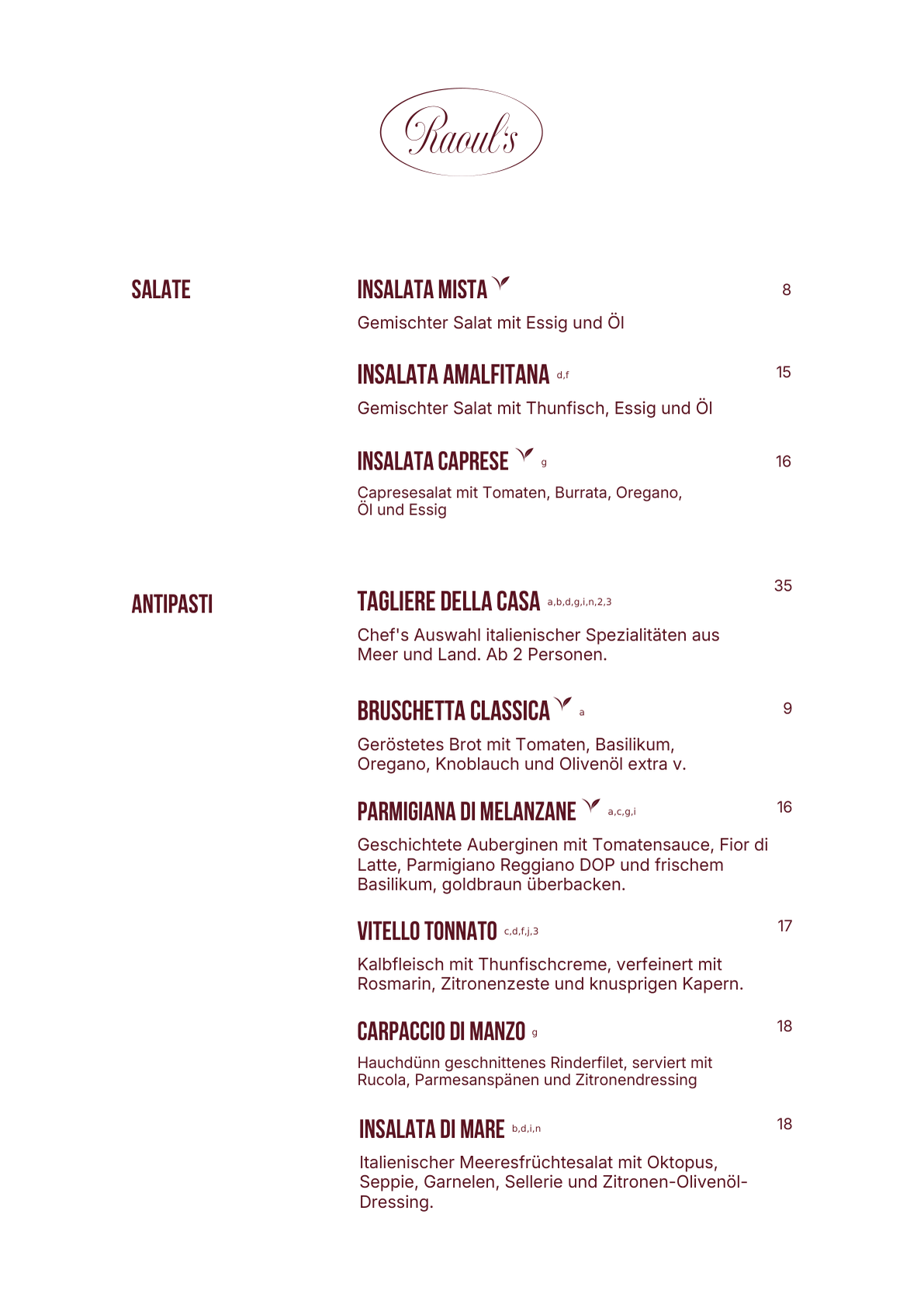 Antipasti — Raoul's Speisekarte
