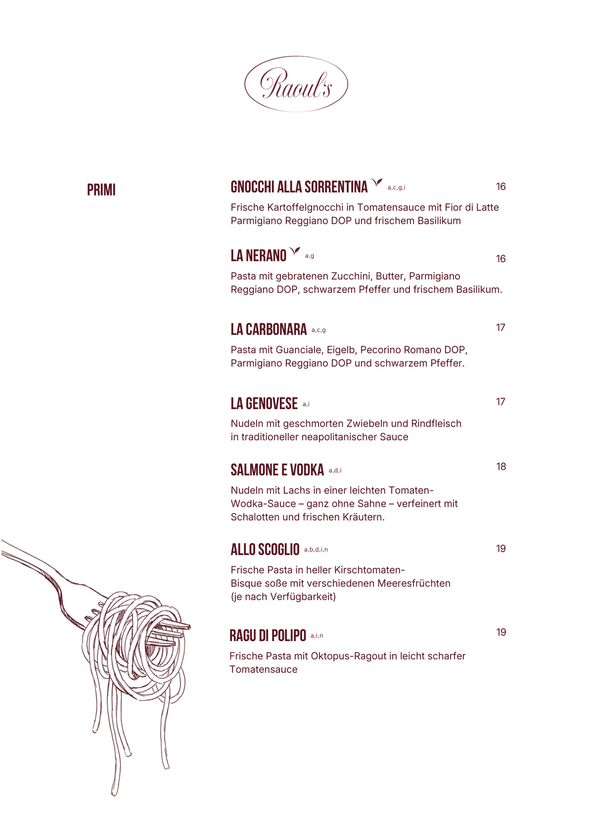 Paste — Raoul's Speisekarte